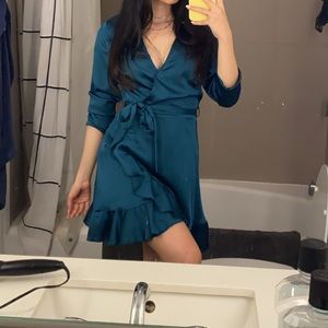 Blue/Green Belted Satin Dress